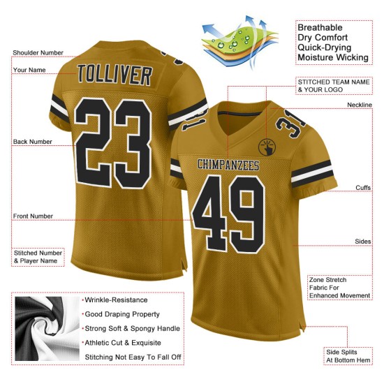 Custom Old Gold Black-White Mesh Authentic Football Jersey Custom Old Gold Black-White Mesh Authentic Football Jersey