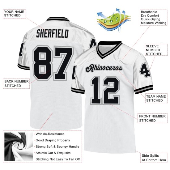 Custom White Black-Gray Mesh Authentic Throwback Football Jersey Custom White Black-Gray Mesh Authentic Throwback Football Jersey